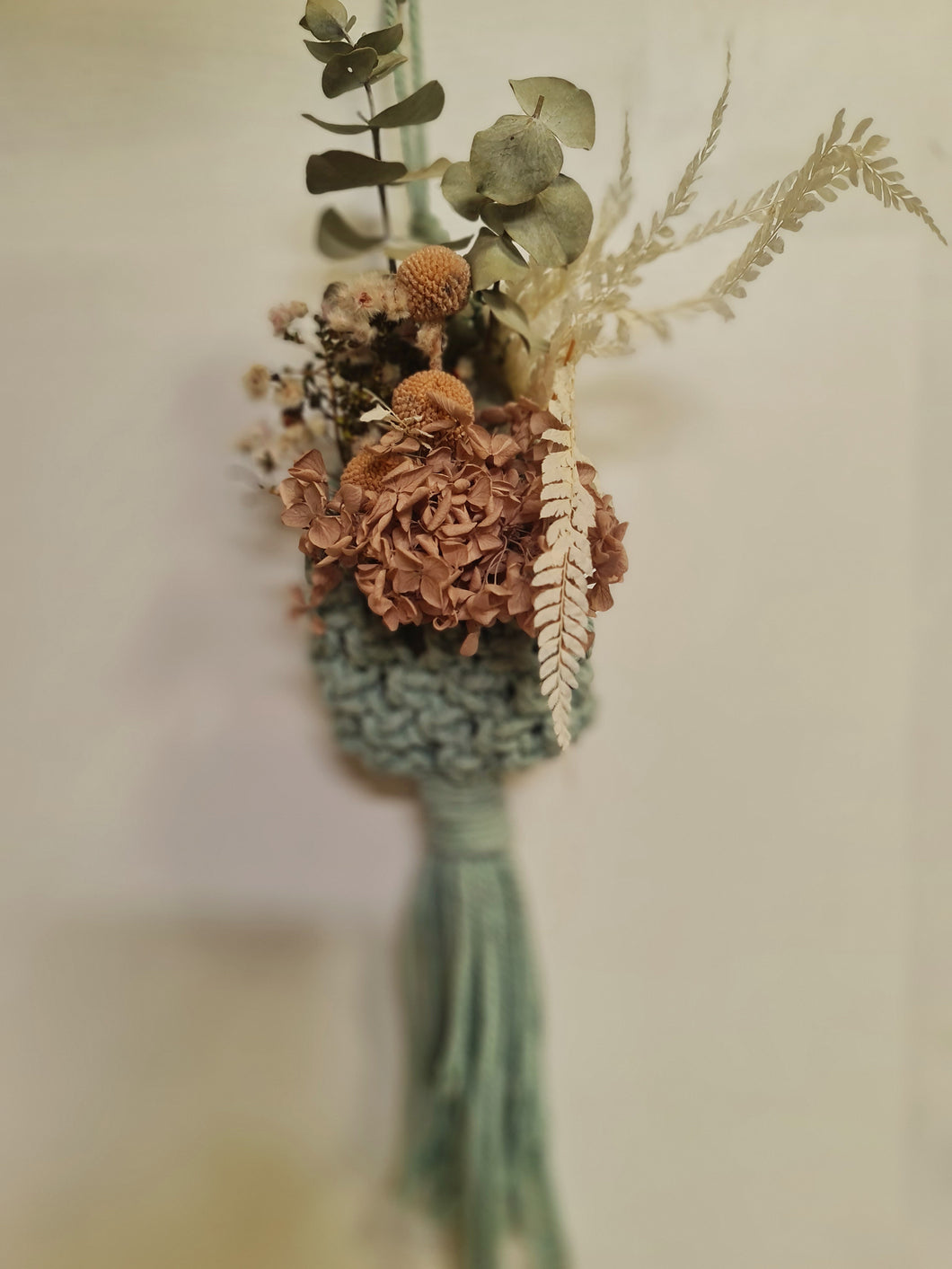 Macrame dried flower pod in duck egg blue