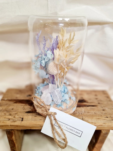 Dried Terrarium in Blue with rose quartz.
