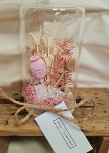 Dried terrarium in pinks with rose quartz