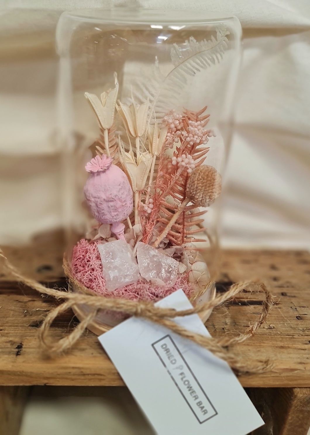 Dried terrarium in pinks with rose quartz